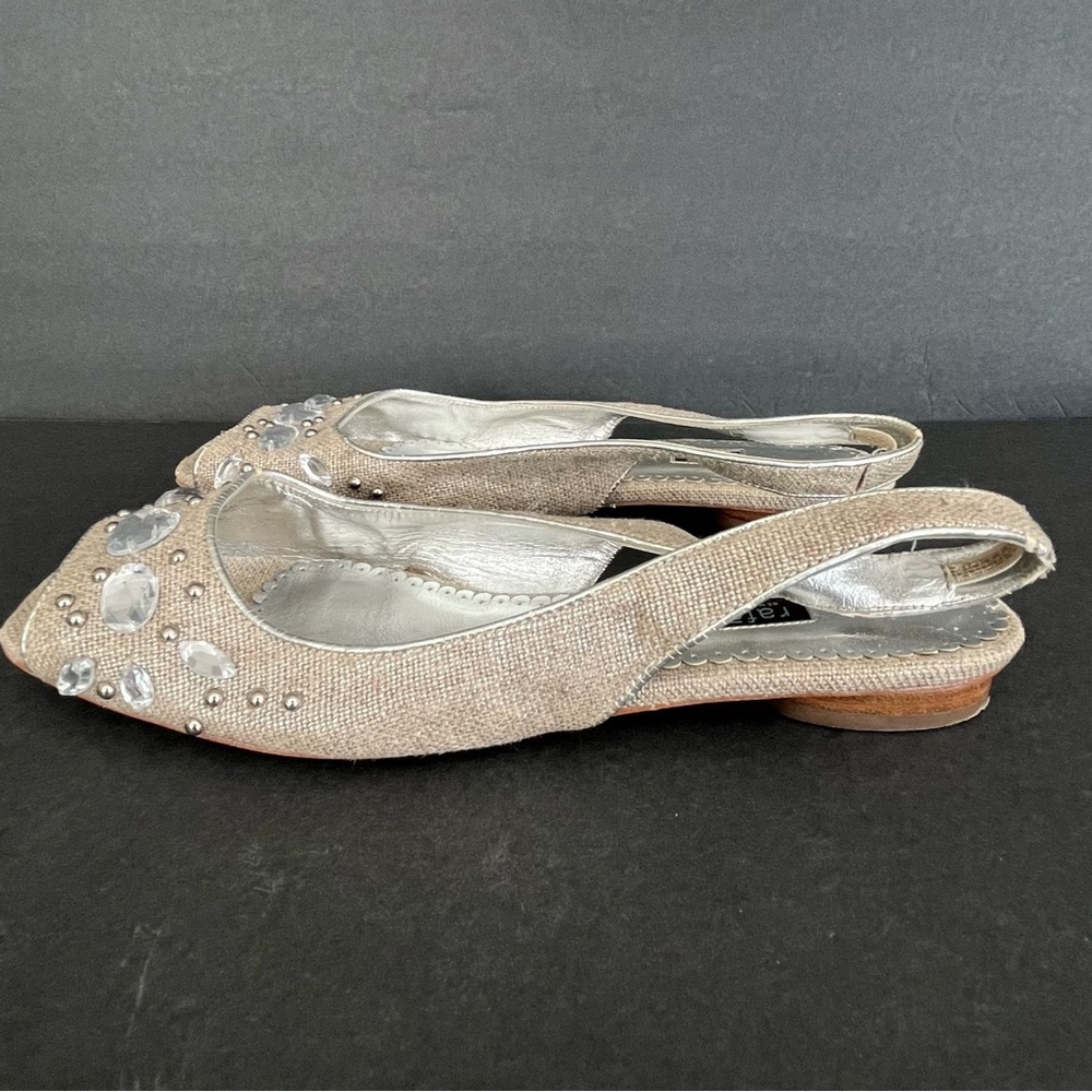 Rafe New York Slingback Woven Taupe Slides Silver Gem Accents Peep Toe Flats